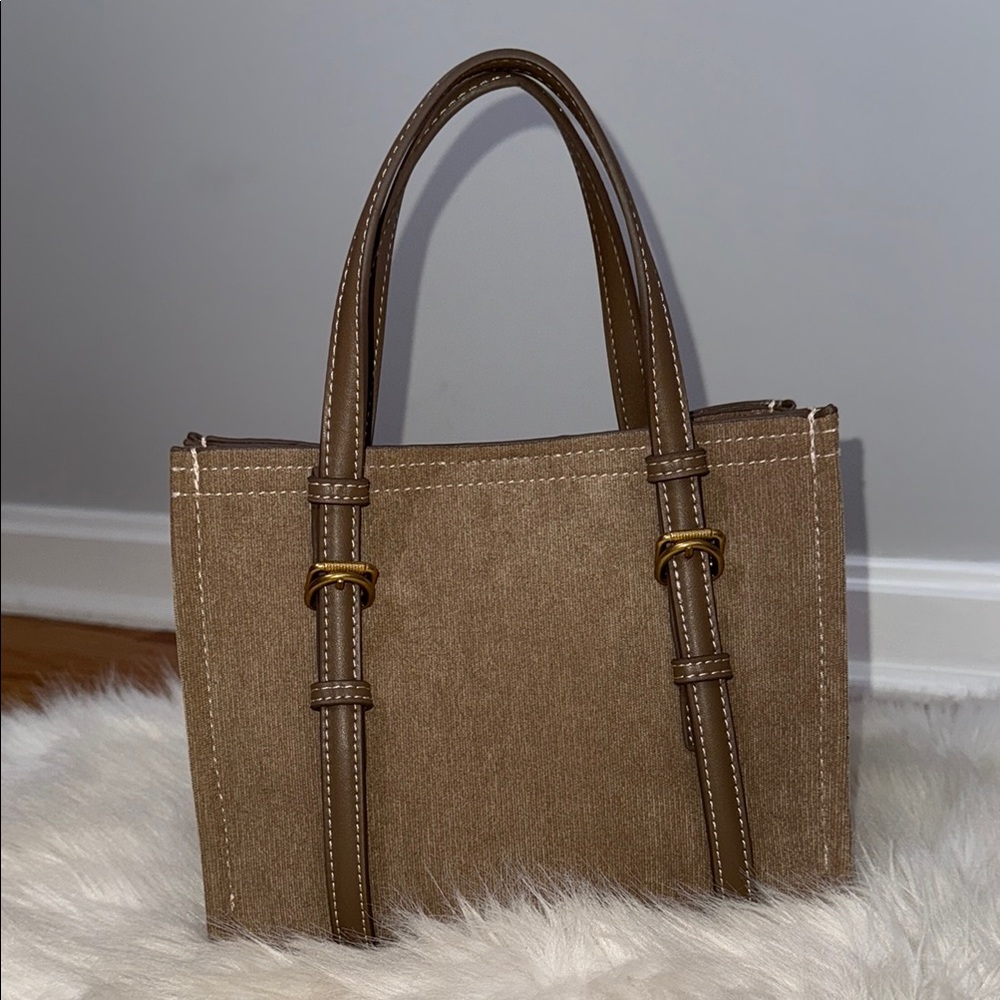 Zara Brown Tote Bag with Suede Texture and Stitched Details